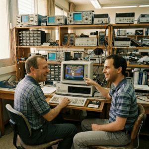 שני גברים צוחקים במעבדת אלקטרוניקה