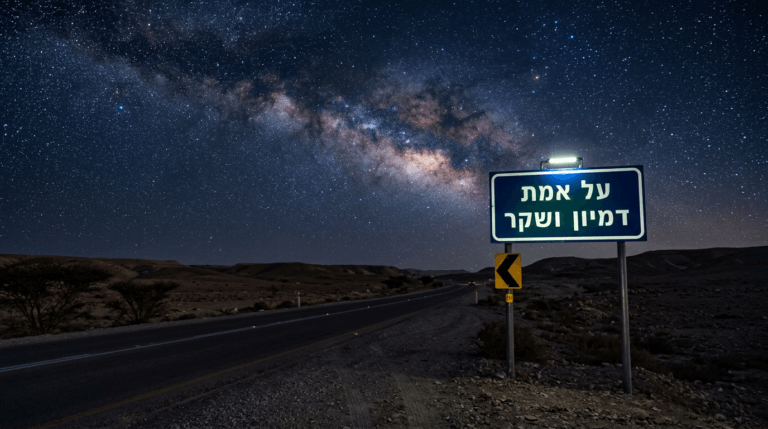 שלט-דרכים-בלילה-על-כביש-במדבר-ועליו-כתוב--על-אמת-ד